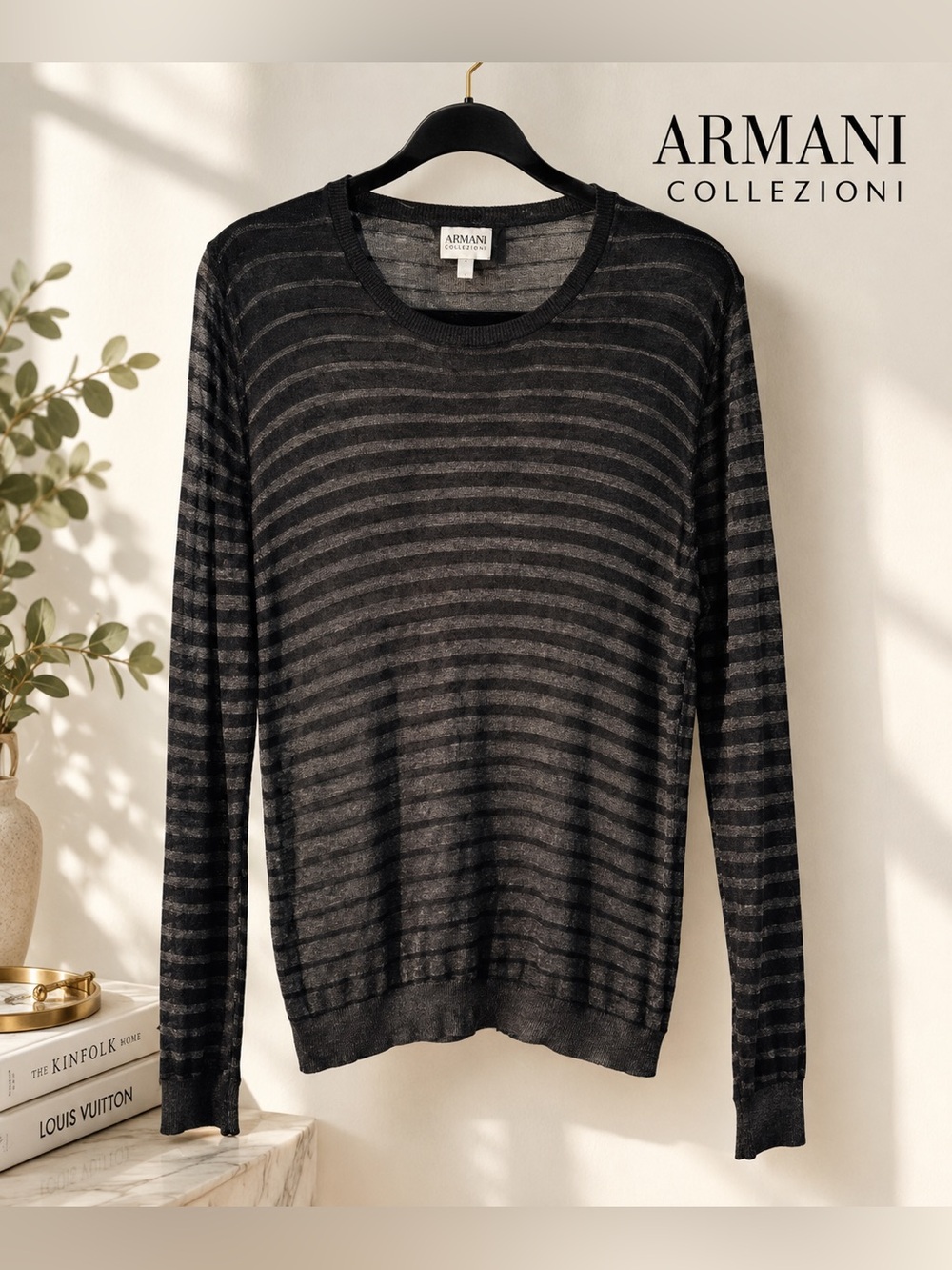 Armani Collezioni Men’s Black and Gray Striped Crewneck Sweater